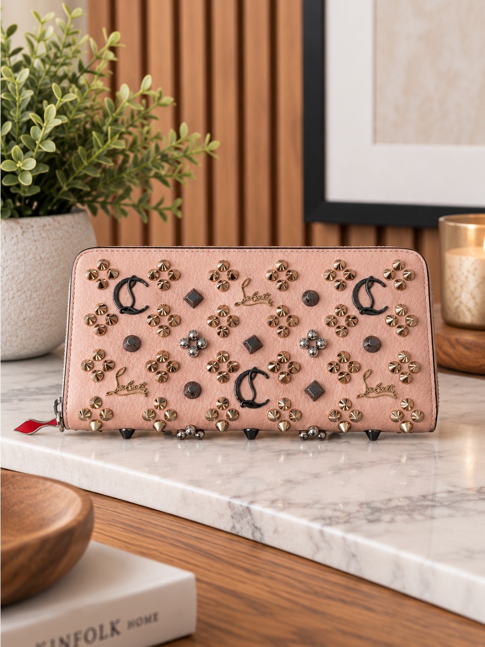 Christian Louboutin  Panettone Nude Studded Zip-Around Wallet